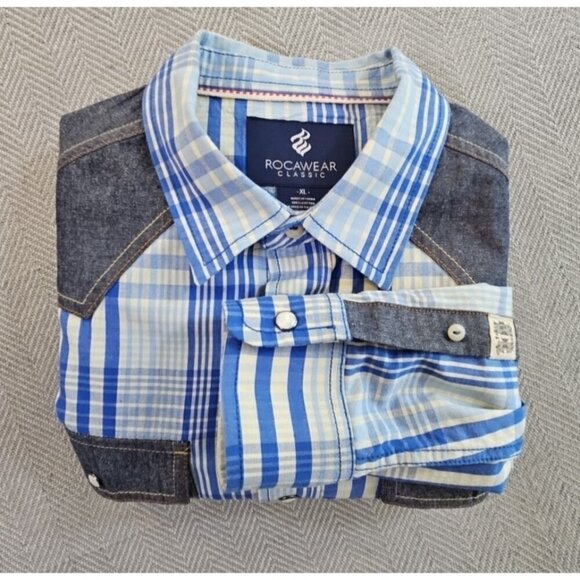 Rocawear Western Shirt Men's XL Blue Plaid Pearl Snap Denim Patches Classic EUC - Picture 12 of 12
